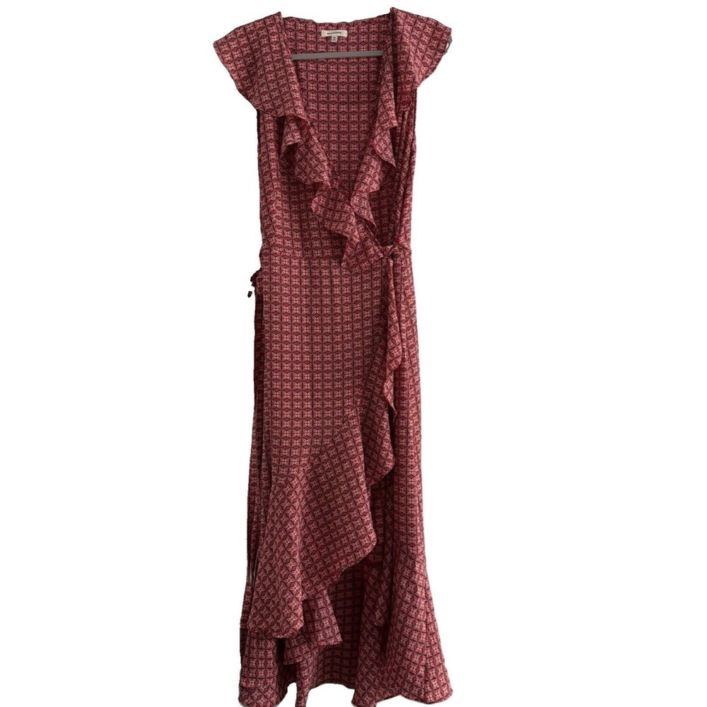 Max Studio Wrap Dress Womens large Red High Low Ruffle Puff Sleeve V-Neck
